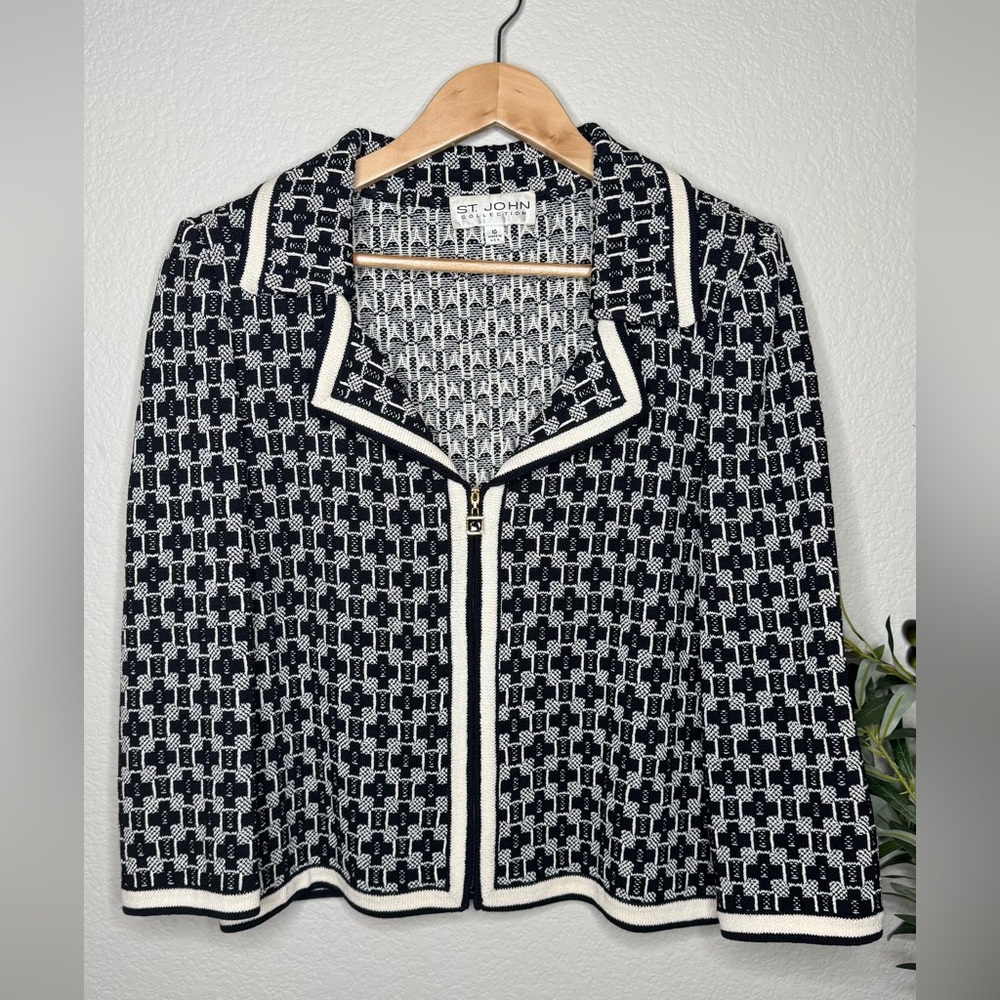 St. John Vintage Black White Knit Zip Jacket Blazer Size 10 Old Money Luxury